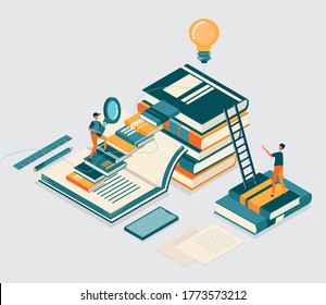 Reading books, library. Flat design vector illustration.