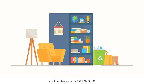 Reading books in the library or at home. Vector illustration of a bookcase with shelves and a chair. Set of books and other decor items in flat style. A reading place with lighting.