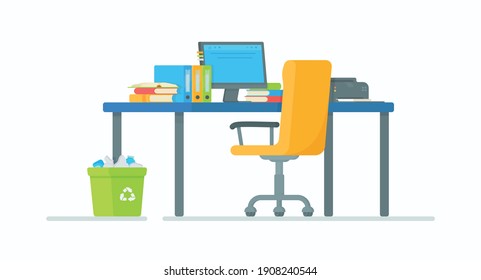 Reading books in the library and searching for information on the Internet. Vector illustration of a student's desk and chair preparing for exams. Set of book study subjects in flat style. School desk