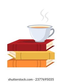 reading books. library store education items cartoon minimalistic flat books stacks with colorful covers and teacup on them, cozy autumn. vector cartoon graphics.