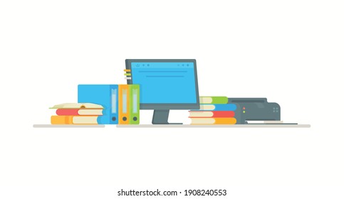 Reading books in the library. Vector illustration of a student's desk preparing for exams. Set of book study subjects in flat style. School desk with all accessories.