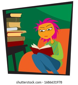 Reading books. life in quarantine. A young girl on self-quarantine. Covid-19. New reality. Normal life in isolation. Vector flat style illustration.