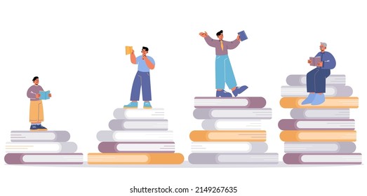 Leer libros en concepto de vida. Ilustración vectorial plana de una persona de diferentes edades parado en un montón de libros y lectura. Conjunto de caracteres masculinos, adolescentes, adultos y ancianos como la literatura