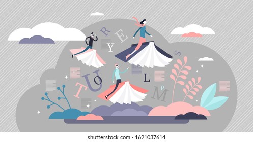 Reading Books Limitless Fantasy Journey Concept, Flat Tiny Persons Vector Illustration. Flying On Book Covers In Abstract And Creative Literature World. Learning Wisdom And Exploring New Horizons.