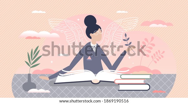 Reading books and literature to grow creative imagination tiny person concept. Literature art for motivation and inspiration as symbolic fantasy wings growth vector illustration. Expand mind horizon.