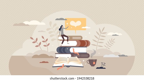 Reading books and literature passion or education study tiny person concept. Love to learn and expand horizon with information or knowledge research vector illustration. Literature bookworm lifestyle.