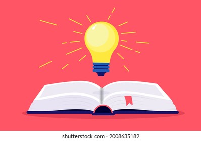 Reading books makes you smart - Book with lightbulb on bright red background. Knowledge and education concept. Vector illustration.