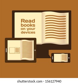 Reading books on electronic mobile devices. Book reader. Vector illustration