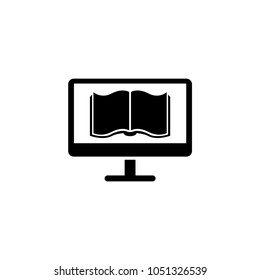 Reading Books on PC. Flat Vector Icon. Simple black symbol on white background
