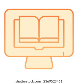 Lesen von Büchern auf PC-Flachsymbol. Buchen Sie über Computer-Orangensymbole im trendigen Flachstil. Farbverlauf-Design für digitale Bibliotheken, entwickelt für Web und App. EPS10