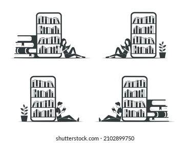 Reading books. Online book store. Flat vector illustration. Isolated on white background.