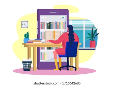 Reading books online, vector illustration. Smartphone library application, bookshelves in screen. Girl character learning at large electronic device, workplace with literature books.