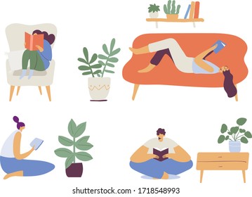 Reading books. People spending time at home flat  vector illustration. Relaxing at home, leisure time