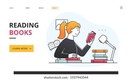 Reading books for personal entertainment or hobby concept with young woman working her way through a large pile of books on a table with lamp, colored vector illustration website landing page template
