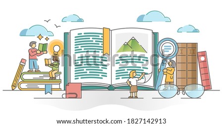 Reading books as personal intelligence growth with literature outline concept. Learning and study from textbooks for school or university process vector illustration. Creative artistic novel and story