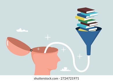 Leer libros rápidamente para aprender nuevas lecciones, educación o estudio, inspiración o aprendizaje fácil, conceptos escolares, montones de libros en un embudo fluyen fácilmente en la cabeza humana.