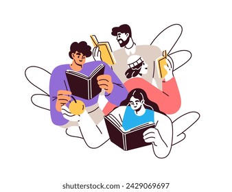 Leyendo libros. Lectores, grupo de ratones de biblioteca, comunidad. Club de literatura, biblioteca, concepto de estudio. Gente con novelas interesantes, historias de ficción. Ilustración vectorial plana aislada sobre fondo blanco