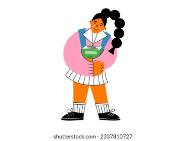 Reading books. School girl with backpack holding book.  Education, library, literature concept.