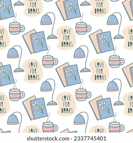 Reading books seamless pattern. Background with books, cup and table lamp. Love for books print for bookstore, packaging, wallpaper and design, vector illustration