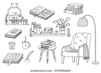 Reading books set with cute cat sleeping on a pile of books, cozy armchair and floor lamp. Doodle hand drawn vector illustration black outline