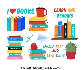reading books set. library store education items with reading letterings, cartoon minimalistic flat books stacks with colorful covers. vector cartoon items set.