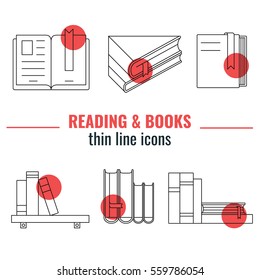 Reading and books thin icons. Vector symbols set of books with color elements. Book club illustration. Education logo.