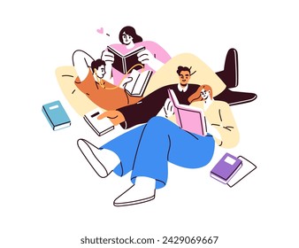 Reading books together. Readers, bookworms. Students in literature club. People studying, spending time with textbooks. Education concept. Flat vector illustration isolated on white background