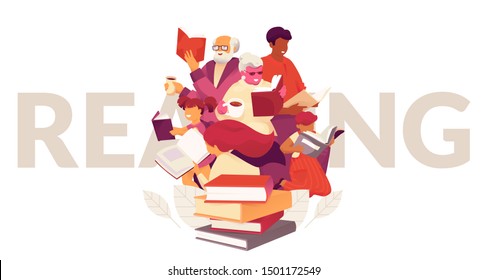 Reading books typography concept. Vector design with family reading books together. Colorful composition with word READING on background.