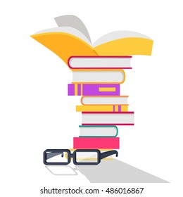 Reading books vector concept. Flat design. Stack of books with bright covers and glasses beside. Self-education and literature reading concept. Knowledge and erudition. Isolated on white background. 