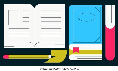 Leyendo la ilustración de concepto vectorial de libros. Varios libros diferentes con marcador, lápiz y nota adhesiva. Estudiar en la biblioteca con libros de texto. Actividades de ocio de tiempo libre. Diseño de dibujos animados sencillos y coloridos