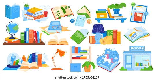 Reading books vector illustration. Cartoon flat collection with opened or closed notebook, paper textbook encyclopedia for school home education, literature in bookstore or library isolated on white