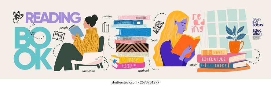 Reading books. Vector illustration. Colorful vector illustration on the theme of reading and education. People reading books and stack of textbooks are depicted.