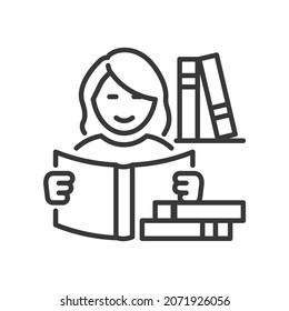 Reading books - vector line design single isolated icon on white background. High quality black pictogram. Happy girl studying, next to her there are several more editions