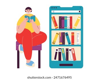 Reading books via library app via smartphone, vector illustration.