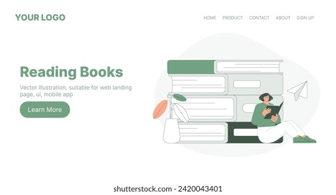 Reading Books. Web Landing Page Design. Flat Cartoon Vector Illustration. Vector illustration, suitable for web landing page, ui, mobile app.