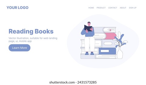 Reading Books. Web Landing Page Design. Flat Cartoon Vector Illustration. Vector illustration, suitable for web landing page, ui, mobile app.