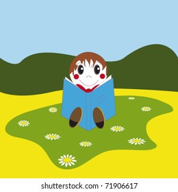 Reading Book/Vector illustration of a happy boy sitting and reading a book