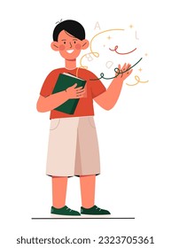 Reading boy with book concept. Education, learning and training. Textbook for preschoolers and students. Poster or banner. Cartoon flat vector illustration isolated on white background