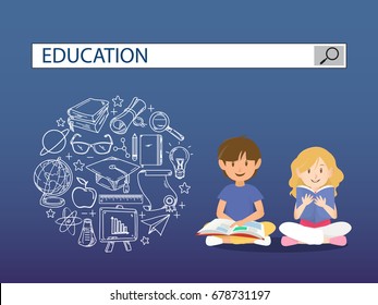 Reading boy and girl with education search engine bar illustration design.vector