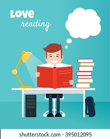 Reading boy. Read books concept. Education, school, study, literature. Flat style. Vector illustration