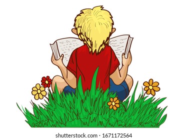 lectura. niño se sienta en la hierba y lee tu libro favorito