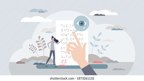 Reading Braille text as blind system with touching dots tiny person concept. Text recognition without visual sight vector illustration. Disabled people language and alphabet for literature and books.