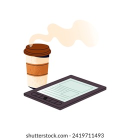 Reading breaking news, digital newspapers during drinking morning coffee. Paper cup of hot beverage. Tablet with electronic books, learn by ebook. Flat isolated vector illustration on white background