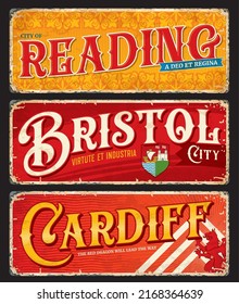 Reading, Bristol, Cardiff, UK city travel plates and England luggage tags, vector stickers. UK tin signs with England county flag, city landmark or emblems, travel plates and grunge signs