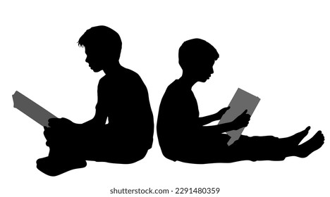 Reading Buddies: Vector Silhouette Illustration of Two Boys Sitting and Engrossed in a Book Together 