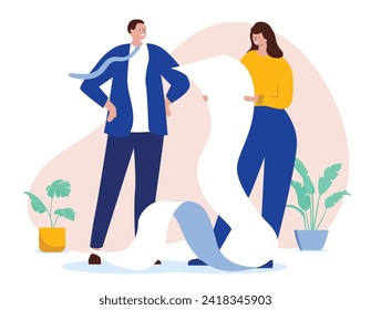Reading business contract - Woman with very long paper skimming trough text. Flat design vector illustration with white background
