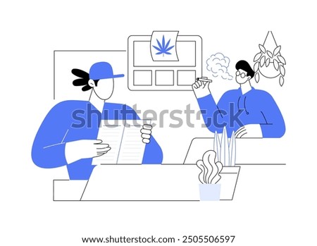 Reading cannabis menu isolated cartoon vector illustrations. Visitor holding cannabis cafe menu in hands, urban lifestyle, entertainment activity, recreational marijuana vector cartoon.