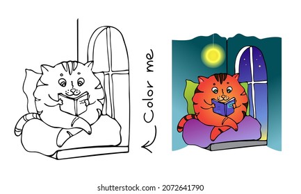 Reading cat coloring page for children of 4-6 years old. Cute cat character coloring page for kids entertainment at school and kindergarten