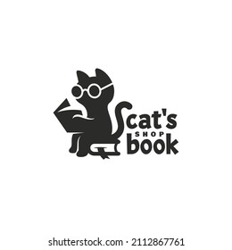 Leyendo gato con gafas y libros. Plantilla de diseño de logotipo. Ilustración vectorial.