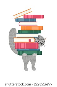 Reading. Cat holding stack of books. Children education, library, literature illustration. Vector illustration.